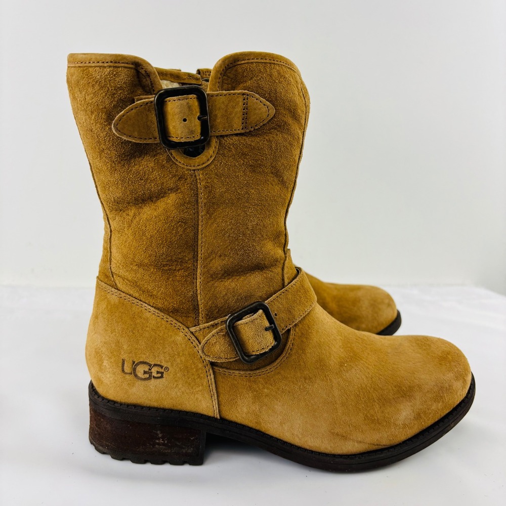 UGG Women's Chaney Tan Chestnut Suede Zip Up Moto Buckle Boots Size 9